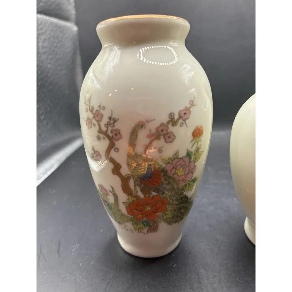 2 Vintage Mini Japanese Porcelain Vases. One With Peacock One with Pheasant,